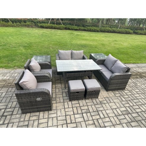 Fimous Outdoor Rattan Garden Furniture 9 piece Grey Patio Furniture Set 8 Seater Lounge Sofa Set with Rectangular Table Reclining Chairs 2 Stools 2 Side Tables