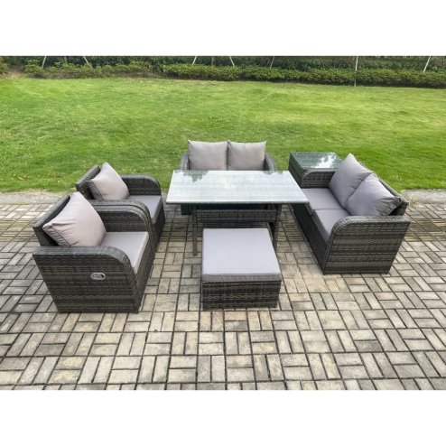 Fimous Rattan Outdoor Furniture Garden Dining Set Rectangular Table and Chair Sofa Set With Side Table Big Footstool Dark Grey Mixed