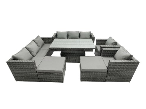 Fimous Rattan Dining Table Sofa Set with 2 Armchair 2 Stools Outdoor 10 Seat Garden Furniture Set Dark Grey Mixed