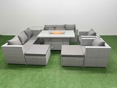 Fimous 10 Seat PE Rattan Lounge Sofa Set Outdoor Garden Furniture Set with Firepit Dining Table 3 Seater Sofa Side Table 2 Big Footstool Light Grey