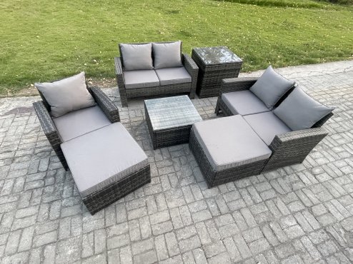 Fimous 7 Seater Outdoor Rattan Garden Furniture Set Conservatory Patio Sofa Coffee Table Set with Chair Side Table 2 Big Footstool Dark Grey Mixed