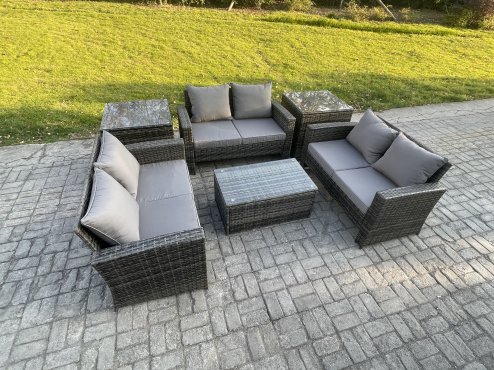 Fimous Dark Grey 6 Seater Outdoor Rattan Garden Furniture Set Patio Love Sofa Rectangular Coffee Table Set with 2 Side Tables