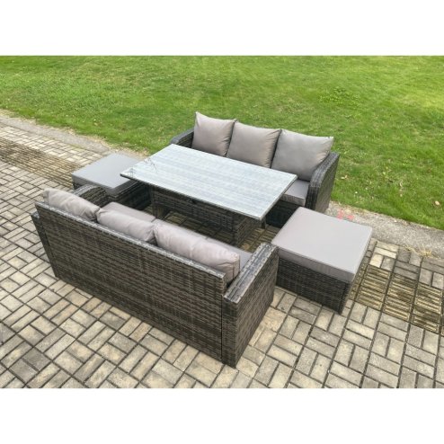 Fimous Patio Rattan Garden Furniture Set with Oblong Rectangular Dining Table 2 Big Footstool 5 Pieces Outdoor Lounge Sofa Set Dark Grey Mixed