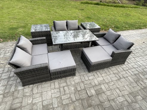 Fimous Wicker PE Rattan Garden Furniture Sets Outdoor Lounge Sofa Set with Oblong Dining Table Double Seat Sofa 2 Big Footstool 2 Side Tables Dark Grey Mixed