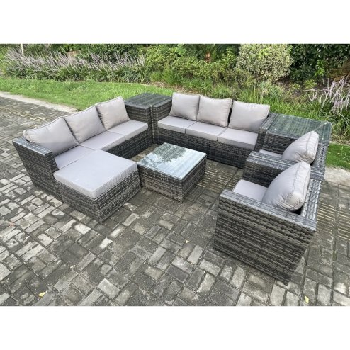 Fimous Rattan Garden Furniture Sofa Set with 2 Armchairs Square Coffee Table Side Table Big Footstool Indoor Side Table 9 Seater Outdoor Rattan Set Dark Grey Mixed