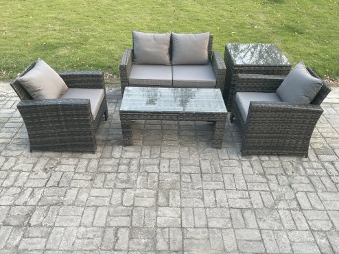 Fimous 4 Seater Outdoor Rattan Garden Furniture Set Patio Lounge Sofa Set with Coffee Table Side Table Dark Grey Mixed