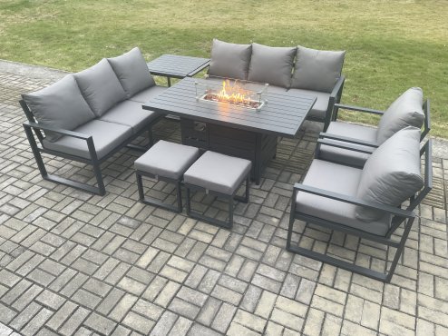Fimous Aluminium Outdoor Garden Furniture Set Patio Lounge Sofa Gas Fire Pit Dining Table Set with 2 Small Footstools Side Table Dark Grey