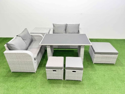 Fimous 7 Pieces Outdoor PE Rattan Sofa Set Patio Garden Furniture Sets with Cushions Side Table 3 Stools Light Grey