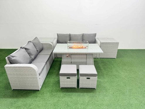 Fimous Outdoor Garden Furniture Sets 8 Seater Wicker Rattan Furniture Sofa Sets with Firepit Dining Table high Back Lounge Sofa Stools 2 Side Table Light Grey