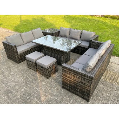 Fimous 11 Seater?Outdoor Rattan Sofa Set Lounge Adjustable Rising Lifting Side Tables Chairs Footstool Dark Grey Mixed