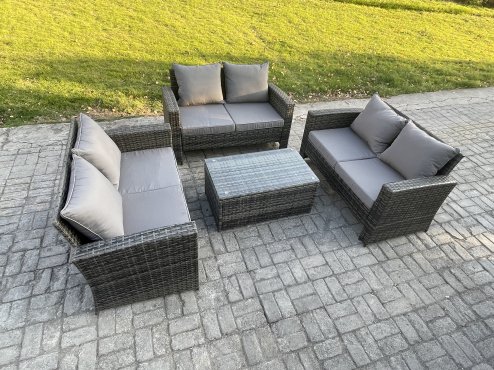 Fimous Dark Grey 6 Seater Outdoor Rattan Garden Furniture Set Patio Love Sofa Rectangular Coffee Table Set
