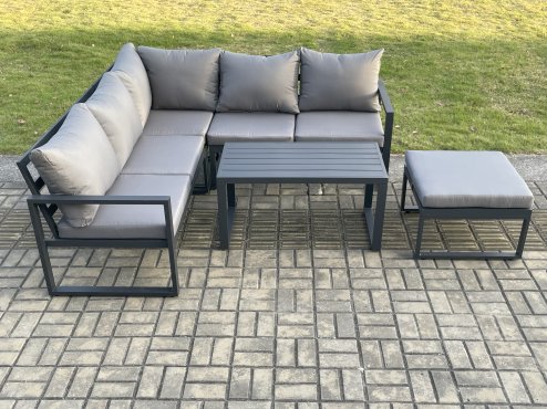 Fimous Aluminium Outdoor Garden Furniture Set Lounge Sofa Oblong Coffee Table Sets with Big Footstool Indoor Conservatory Set Dark Grey
