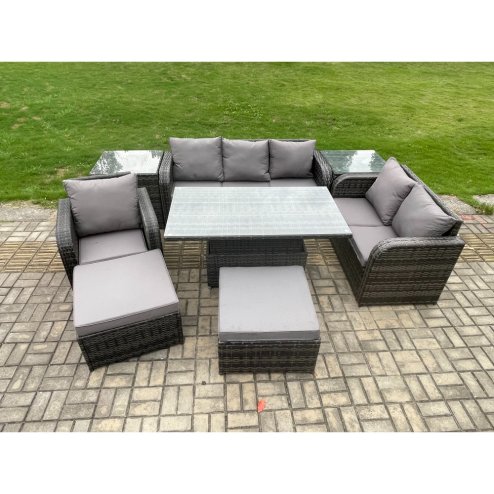 Fimous 8 Seater Outdoor Rattan Garden Furniture Set Height Adjustable Rising lifting Dining Table Love Sofa Chair With 2 Side Tables 2 Big Footstool Dark Grey Mixed