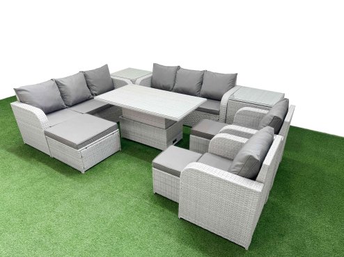 Fimous PE Rattan High Back Lounge Sofa Set Patio Adjustable Lifting Dining or Coffee Table & Chairs Set with 3 Seater Sofa Reclining Chair 3 Stools 2 Side Table Light Grey