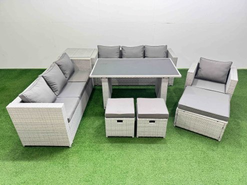 Fimous Patio Garden Furniture Sets with Black Glass Top Dining Table 3 Seater Sofa Armchair Side Table 3 Stool Light Grey
