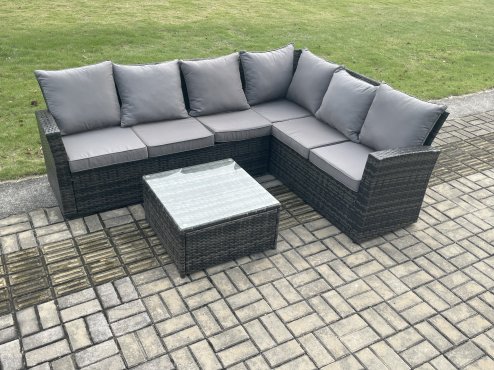 Fimous 6 Seater Wicker PE Outdoor Garden Furniture Set High Back Rattan Corner Sofa Set with Square Coffee Table