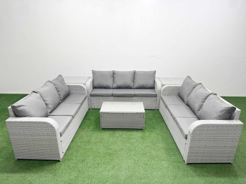 Fimous PE Rattan Lounge Sofa Set 9 Seater Outdoor Garden Furniture Set with Rectangular Coffee Table 3 Seater Sofa 2 Side Table Light Grey