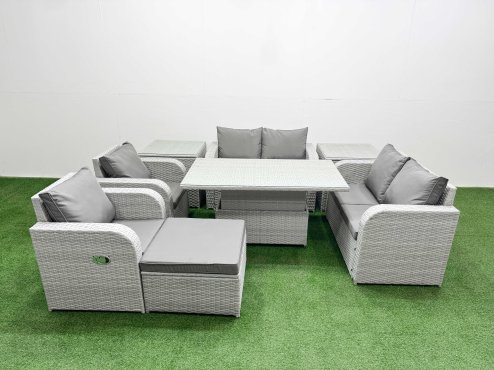 Fimous 7 Seater Outdoor Reclining Chair Love Sofa Set Rattan Garden Furniture Set with Adjustable Lifting Dining or Coffee Table Footstool 2 Side Tables Light Grey