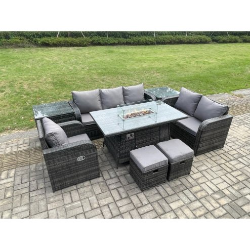 Fimous Garden Patio Furniture Wicker Rattan Gas Fire Pit Table and Sofa Chair set with 2 Side Tables 2 Small Footstool