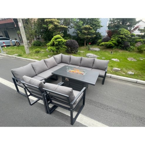 Fimous Aluminum Outdoor Garden Furniture Corner Sofa 2 PC Chairs Gas Fire Pit Dining Table Sets Gas Heater Burner Dark Grey 9 Seater