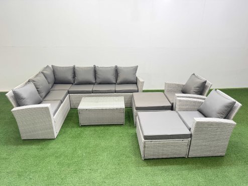Fimous 10 Seater Garden Outdoor PE Rattan Furniture Set Rattan Garden Sofa Set with 2 Big Footstools 2 Chair Light Grey Mixed