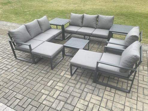 Fimous Aluminium Patio Outdoor Garden Furniture Lounge Sofa Set with Square Coffee Table 2 Chairs 2 Side Tables 2 Big Footstool Dark Grey