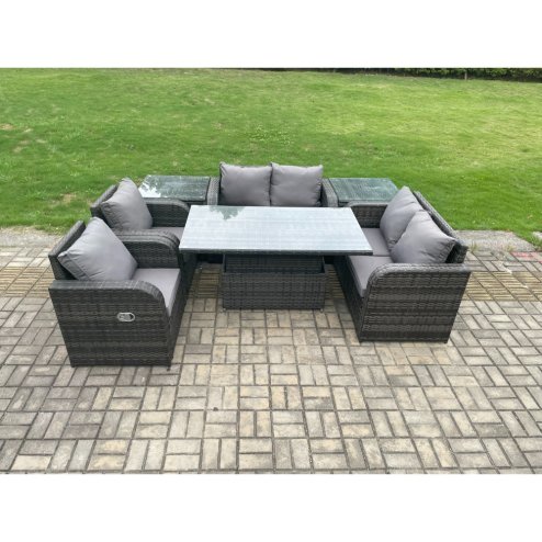 Fimous Outdoor Rattan Garden Furniture Set Patio Height Adjustable Rising lifting Dining Table Love Sofa With 2 Side Tables