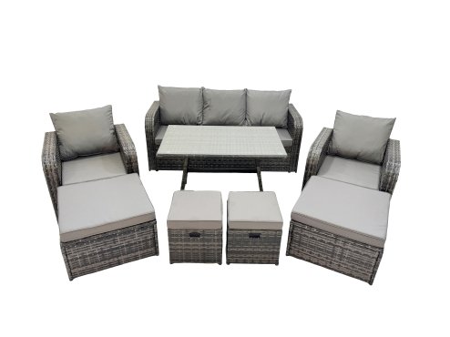 Fimous Garden Rattan Outdoor Furniture Set 9 Seater with 3 Seater Sofa 2 Big Stool 2 Small Stools Dark Grey