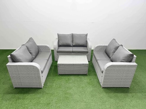 Fimous 6 Seater PE Wicker Rattan Furniture Sofa Sets with Rectangular Coffee Table 2 Seater Love Sofa Light Grey