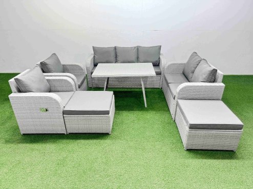 Fimous PE Rattan Garden Furniture Set Outdoor Rectangular Dining Table Sofa Set with Reclining Chair 2 Big Stool Light Grey