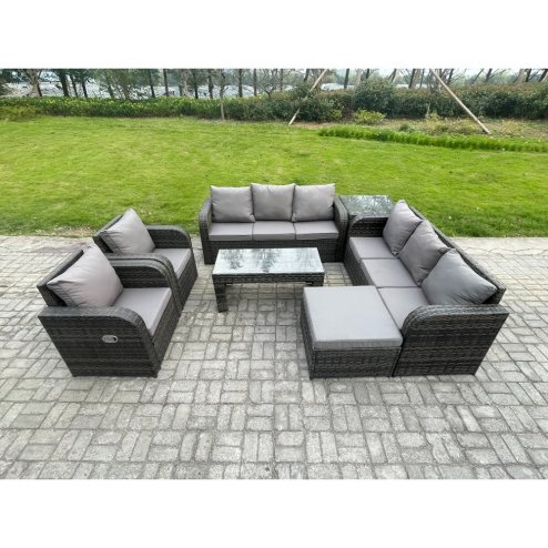 Fimous Wicker PE Rattan Sofa Set Outdoor Patio Garden Furniture with Reclining Chair Coffee Table Side Table Big Footstool Dark Grey Mixed