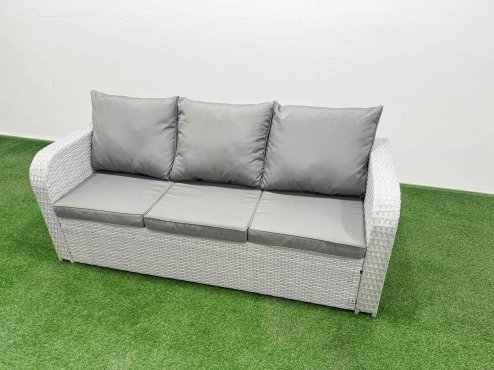 Fimous PE Rattan Garden Furniture Set Reclining Chair Sofa Double Love Seat 2 Seater Sofa Lounge Set Rectangular Dining Table 2 Stools Light Grey