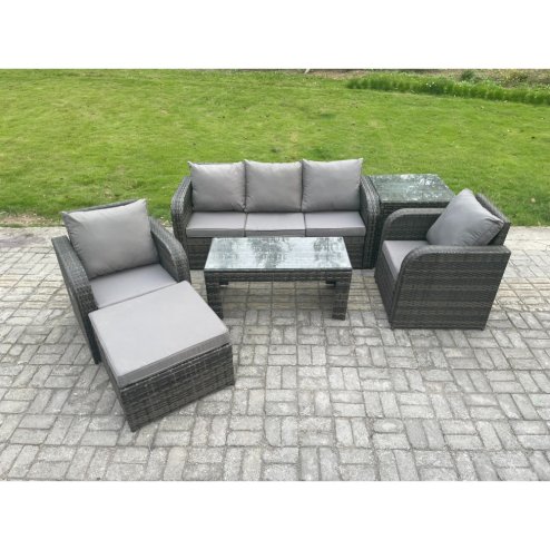 Fimous Wicker PE Rattan Garden Furniture Set Outdoor Lounge Sofa Set with Reclining Chair Coffee Table Side Table Big Footstool Dark Grey Mixed
