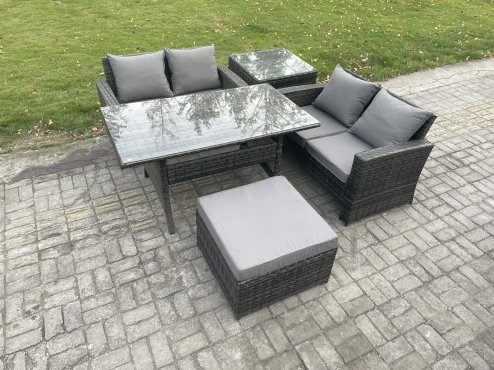 Fimous PE Wicker Rattan Garden Furniture Set Love Sofa Outdoor Rectangular Dining Table Big Footstool Side Table Dark Grey Mixed