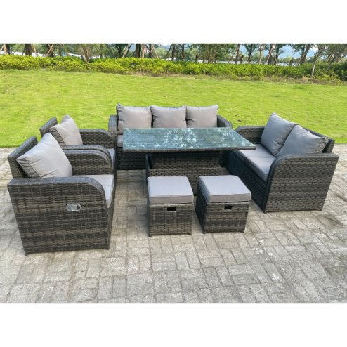 Fimous Dark Mixed Grey Rattan Outdoor Garden Furniture Lifting Adjustable Dining Or Coffee Table Sets Love Sofa 3 Seater Sofa Small Footstools Reclining Chairs 9 Seater