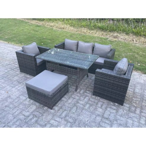 Fimous 6 Seater PE Wicker Rattan Garden Furniture Set Lounge Sofa Chair and Rectangular Dining Table Set Big Footstools Dark Grey Mixed