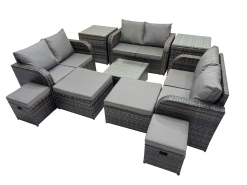Fimous Rattan Garden Outdoor Furniture Set Love Sofa Square Coffee Table Set with 4 Stools 2 Side Tables Dark Grey Mixed