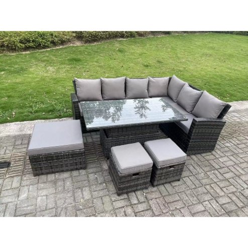 Fimous 9 Seater High Back?Outdoor Rattan Adjustable Rising Lifting Dining Table Corner Sofa Set Garden Furniture Footstools Dark Grey Mixed Right Hand