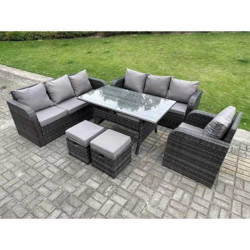 Fimous 9 Seater Dark Grey PE Wicker Rattan Garden Furniture Set Reclining Chair Lounge Sofa 3 Seater Sofa Set Outdoor Rectangular Dining Table With 2 Stools