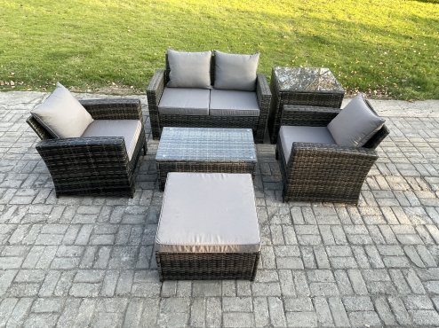Fimous Outdoor Lounge Sofa Set Wicker PE Rattan Garden Furniture Set with Rectangular Coffee Table Double Seat Sofa Big Footstool Side Table Dark Grey Mixed