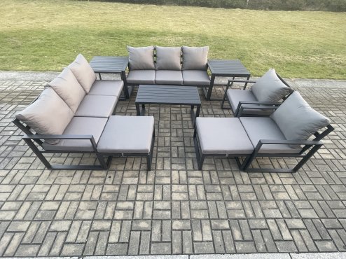 Fimous Aluminium Outdoor Garden Furniture Lounge Sofa 2 PC Chairs Oblong Coffee Table Sets with 2 Side Tables 2 Big Footstool Dark Grey