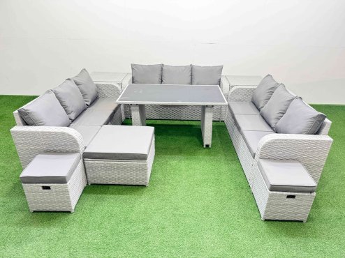 Fimous Patio Garden Furniture Sets with Black Glass Top Dining Table 3 Seater Sofa 2 Side Tables 3 Stool Light Grey