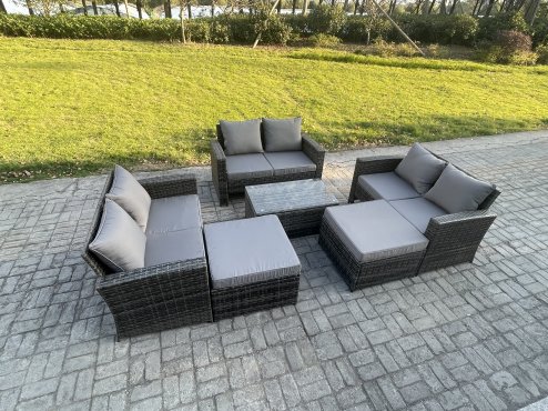 Fimous Rattan Garden Furniture Set 8 Seater Patio Outdoor Lounge Sofa Set with Rectangular Coffee Table 2 Big Footstool Dark Grey Mixed