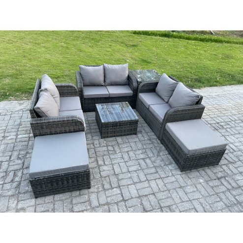Fimous 8 Seater Outdoor Garden Furniture Sets Wicker Rattan Furniture Sofa Sets with Square Coffee Table Love seat Sofa 2 Big Footstool Side Table