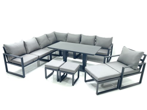 Fimous 11 Seater Outdoor Aluminum Garden Furniture Set Corner Sofa Chair 3 Footstools Adjustable Rising Lifting Dining Table Sets Dark Grey