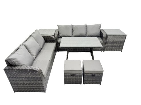 Fimous Garden Rattan Outdoor Furniture Set 8 Seater with 3 Seater Sofa 2 Side Table 2 Small Stools Dark Grey