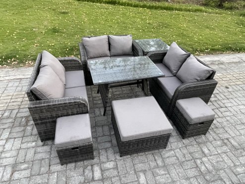 Fimous Outdoor Rattan Garden Furniture Set 9 Seater Patio Love Sofa Set with Rectangular Dining Table 3 Footstools Side Table Dark Grey Mixed
