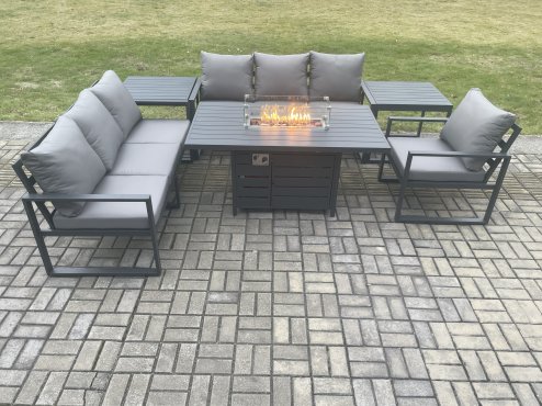 Fimous Aluminium Outdoor Lounge Sofa Garden Furniture Sets Gas Fire Pit Dining Table Set with 2 Side Tables Dark Grey