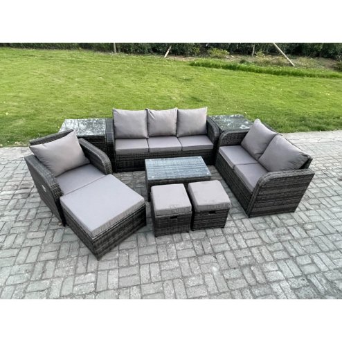 Fimous Outdoor Garden Furniture Sets 9 Pieces Wicker Rattan Furniture Sofa Sets with Rectangular Coffee Table Loveseat Sofa 3 Footstools 2 Side Tables