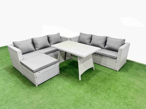 Fimous Rattan Garden Furniture Dining Set 7-seater Patio Rectangular Table 3 Seater Sofa Set with Big Stool Light Grey